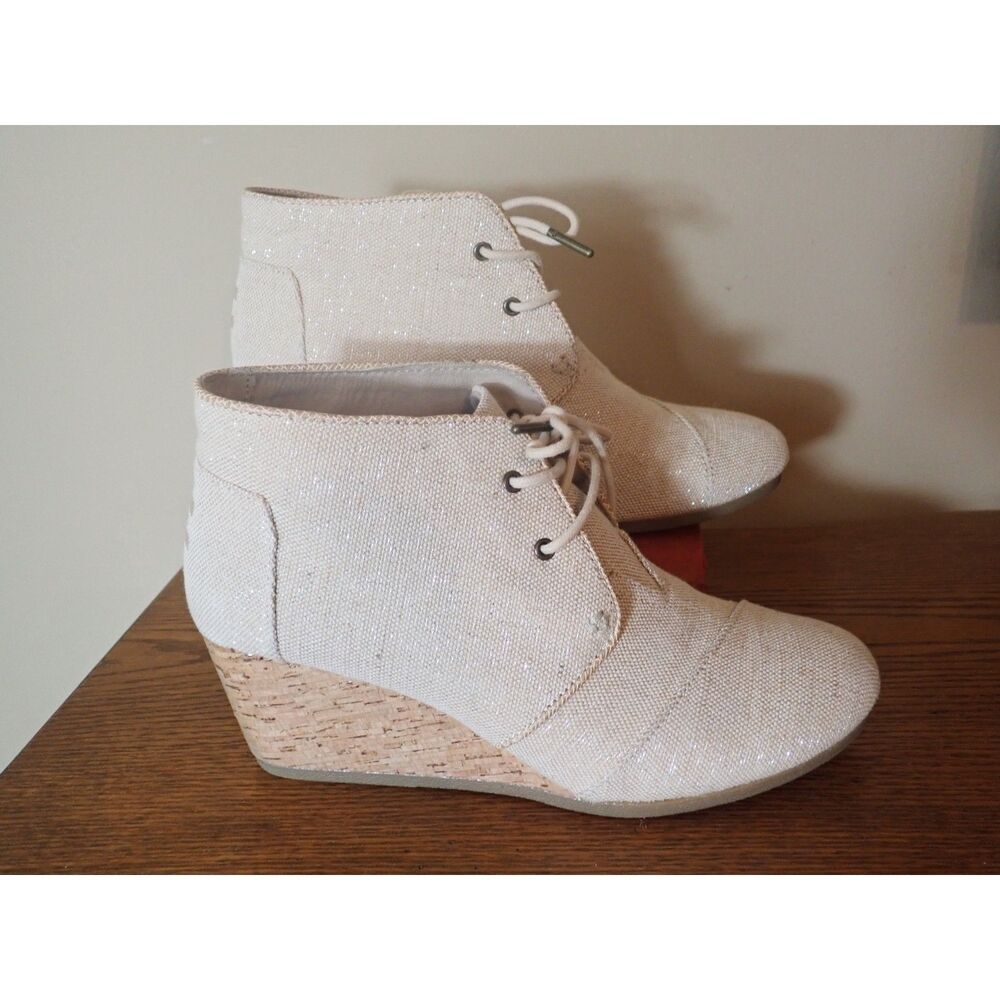 Toms Metallic Linen Desert Wedges Cork Heels Size 11 White Cream Booties Boot